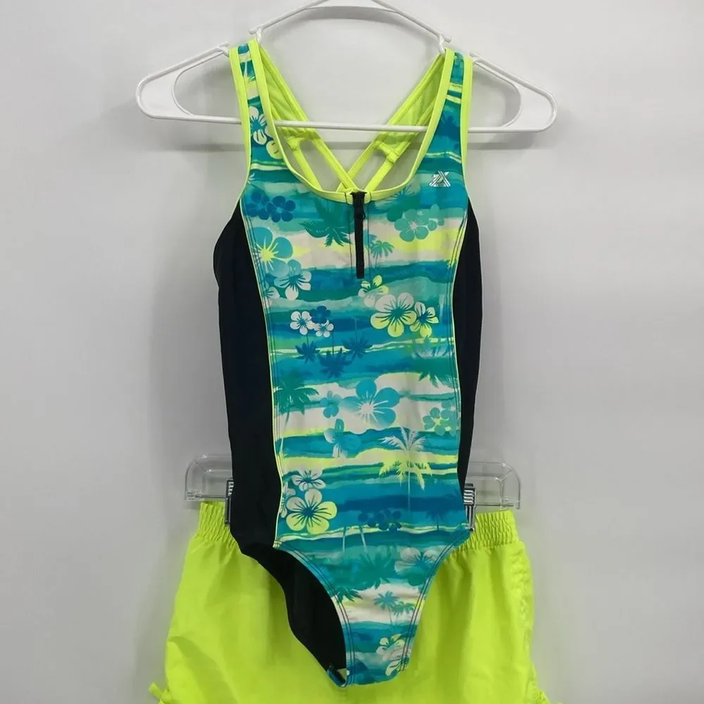 ZeroXposur Swimwear One Piece Racerback Zip Front With Coverup Shorts XL 16